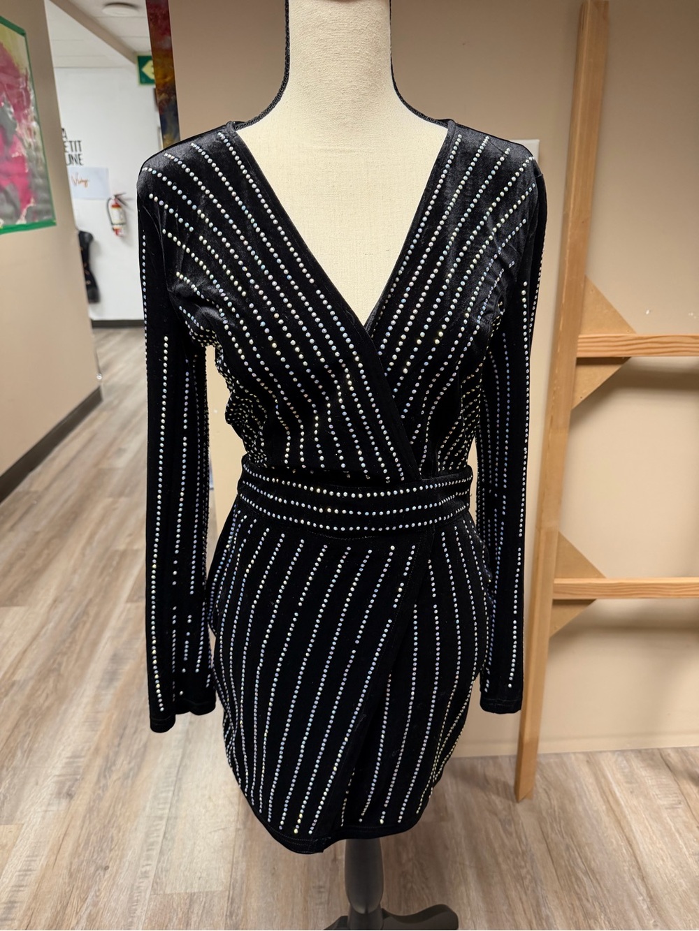 Black Rhinestone-Embellished Wrap Mini Dress